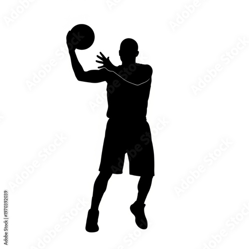 Silhouette of a male basketball player jumping to shoot, isolated on white background