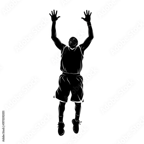 Silhouette of a male basketball player jumping with arms raised, isolated on white background