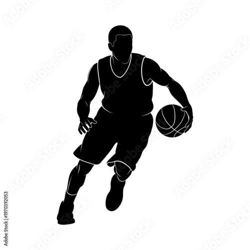 Black Silhouette of a Basketball Player Dribbling a Ball Isolated on White Background