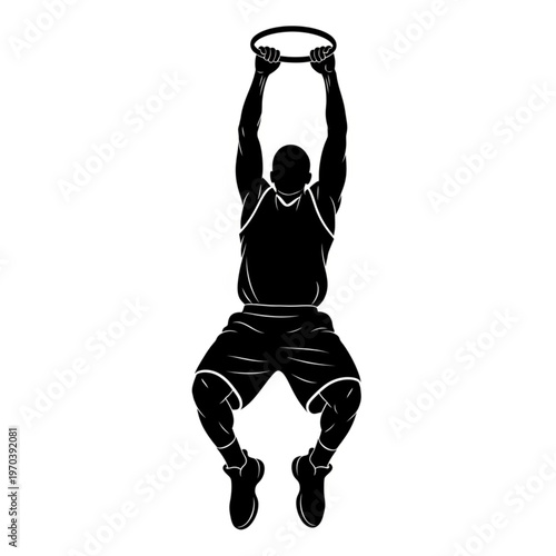 Silhouette of a basketball player hanging from the hoop after a slam dunk, isolated on a white background.
