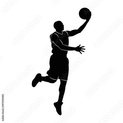 Basketball player silhouette jumping for a layup isolated on white background