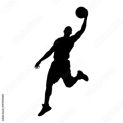 Silhouette of a basketball player jumping for a slam dunk, isolated on white background
