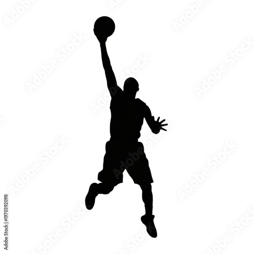 Black silhouette of a professional basketball player jumping for a slam dunk, isolated on a white background.
