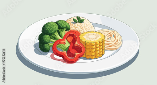A white plate filled with a healthy meal including broccoli, red bell pepper, corn on the cob, noodles, and rice, garnished with fresh herbs.