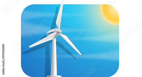 A white wind turbine stands tall against a vibrant blue sky with a bright yellow sun, symbolizing clean and renewable energy.