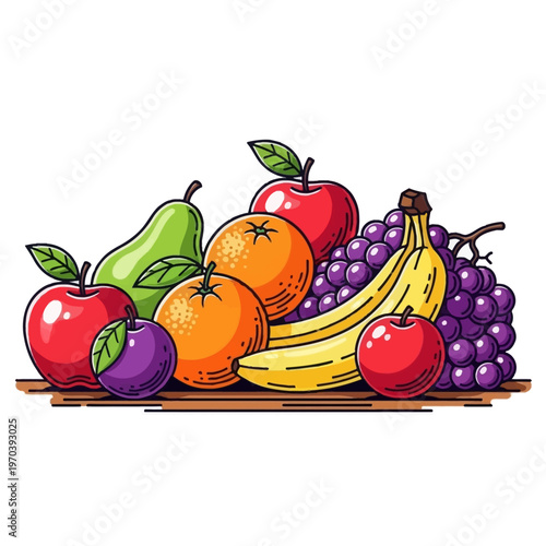 A vibrant illustration of a diverse collection of fresh fruits including apples, bananas, oranges, grapes, pears, and a plum, arranged together.