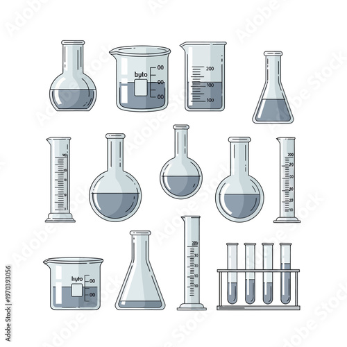 Collection of various laboratory glassware with liquid, including beakers, flasks, graduated cylinders, and test tubes, in a clean vector illustration style.