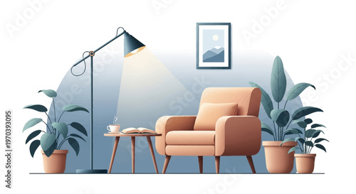 A cozy and inviting living room corner with a comfortable armchair, floor lamp, side table, and potted plants, creating a serene indoor atmosphere.