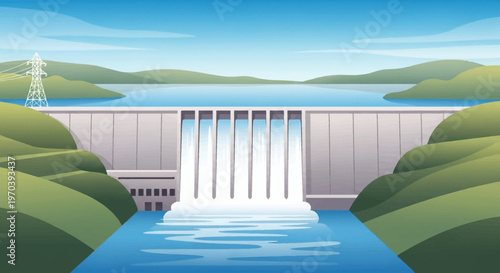A vibrant illustration of a hydroelectric dam generating power with water flowing into a river surrounded by green hills under a clear blue sky.