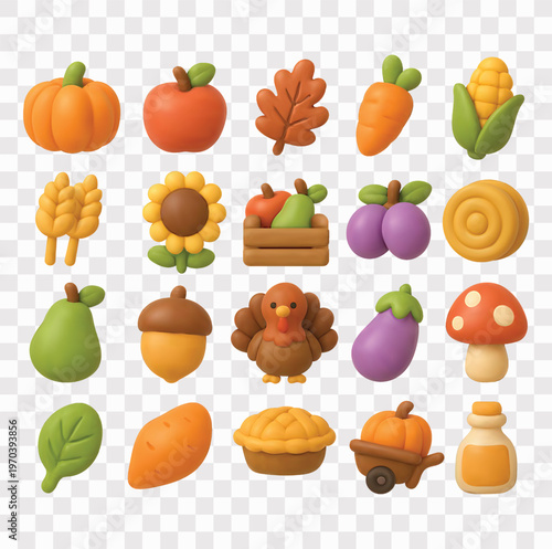 Autumn Harvest Vector Icon Set | 3D icon set | carrot, corn, wheat, sunflower, crate of fruit, plums, hay bale, pear, acorn, turkey, eggplant, mushroom, spinach, sweet potato, oil, pumpkin, apple