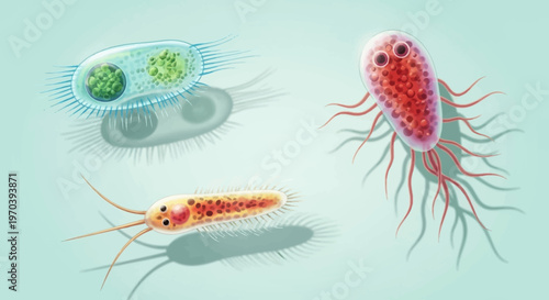 Microscopic view of various protozoa species.
