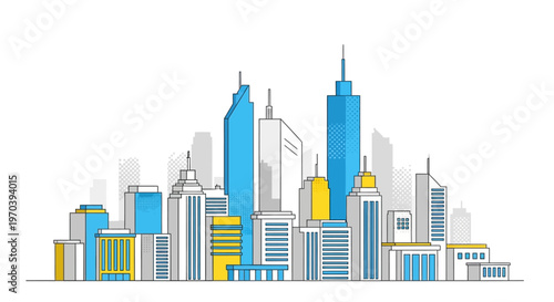 Colorful illustration of a city skyline.