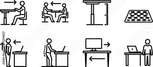 Line icons of people working at desks and standing at podiums with arrows indicating movement and interaction in office and presentation settings