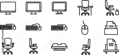 Line style office furniture and computer equipment icons set including monitor computer desk chair keyboard mouse printer and scanner on white background