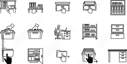 Line style office supplies and furniture icons set including desk shelving drawers filing cabinet and folders  office supplies and furniture icons