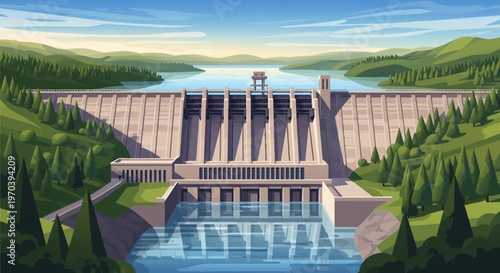 A large dam in a natural landscape.