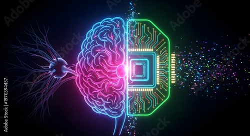 Neon Digital Human Brain with AI Chip and Circuit Board