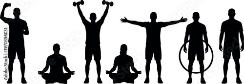Fitness silhouette poses, exercise icons, yoga meditation illustration, dumbbell lifting figure, hula hoop activity, smartphone selfie, wellness balance, health lifestyle vector set