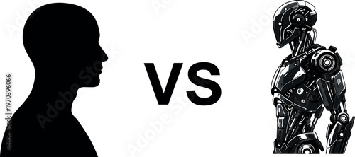 Human versus robot silhouette, artificial intelligence concept, technology confrontation illustration, machine versus man, futuristic comparison, AI versus human head, black vector design