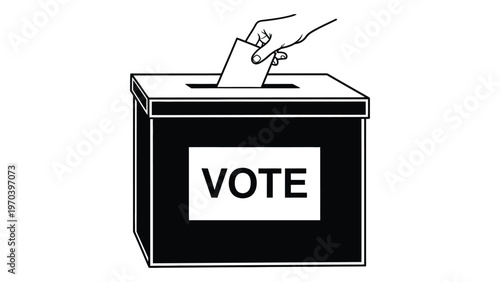 A hand inserting a ballot into a black ballot box with the word vote displayed