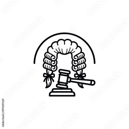 Wig and gavel in courtroom setting.