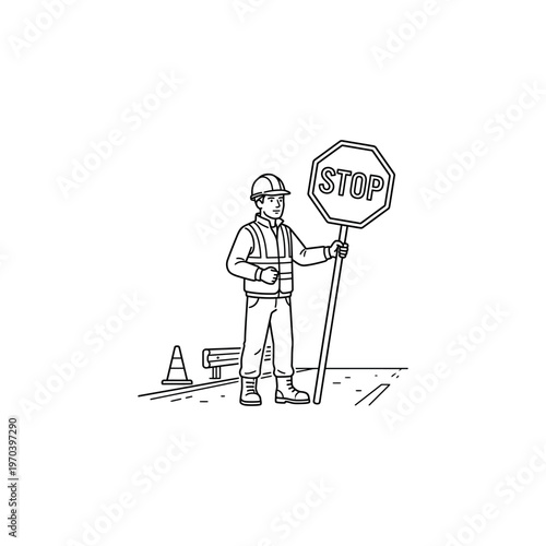 Construction worker holding stop sign.
