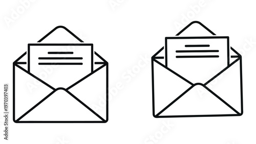 Two outlined envelopes one open and one partially open displaying lined paper inside
