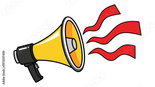 A cartoon illustration depicting a yellow megaphone with emanating red ribbons