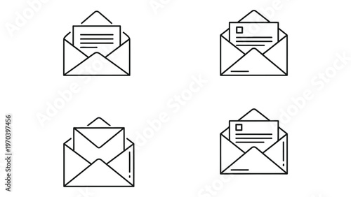 Four black and white line art illustrations of open envelopes with letters