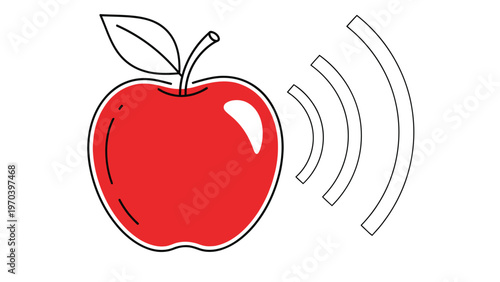 A red apple with a leaf emits sound waves depicted in a simple line art style