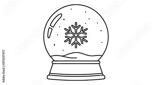 Simple line drawing of a snow globe containing a snowflake and crescent moon