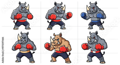 Cartoon rhinoceros boxing illustrations variety pack