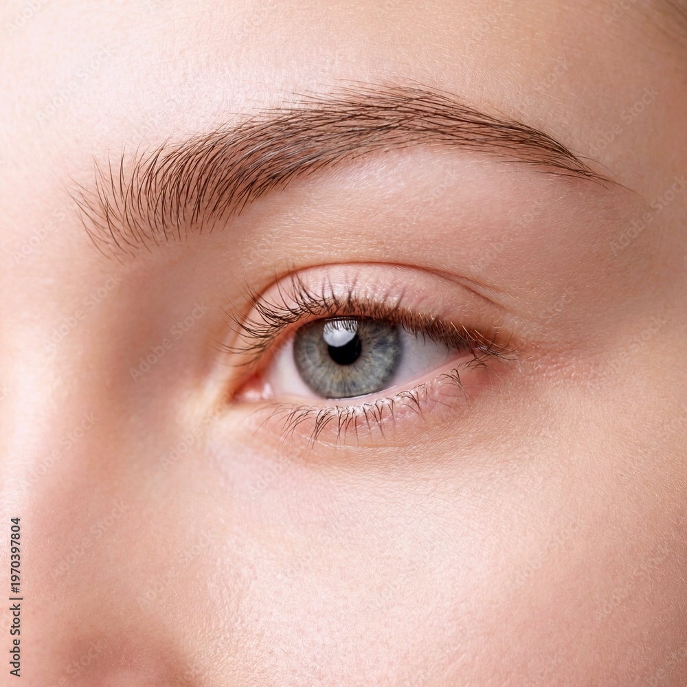 Obraz premium Extreme close-up of a beautiful female eye with natural makeup and perfectly shaped eyebrows, soft skin texture.