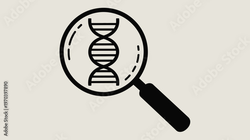DNA helix under magnifying glass icon, genetic research and biotechnology vector illustration, medical science discovery symbol