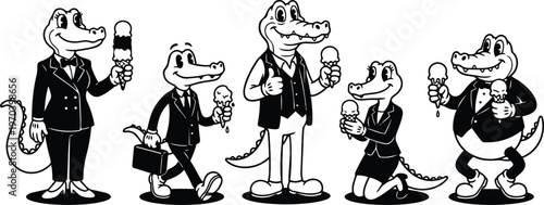 Retro crocodile characters in tuxedos eating ice cream in black and white line art