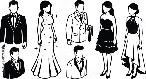 Black and white line art tuxedos and gowns set with sparkle evening dress and asymmetrical skirt