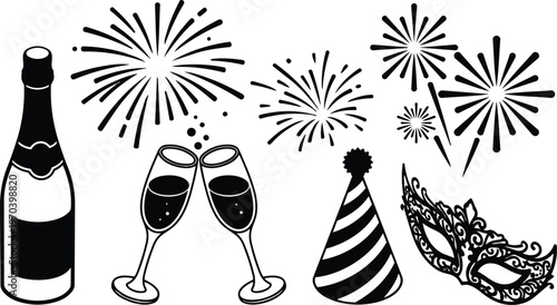 New year black and white champagne bottle clinking glasses party hat and ornate masquerade mask