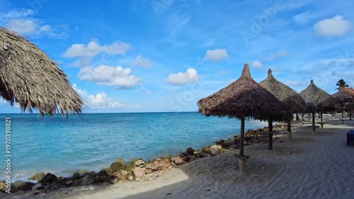 Beautiful view of Caribbean Sea with thatched umbrellas along sandy shore creating peaceful tropical atmosphere. Aruba.