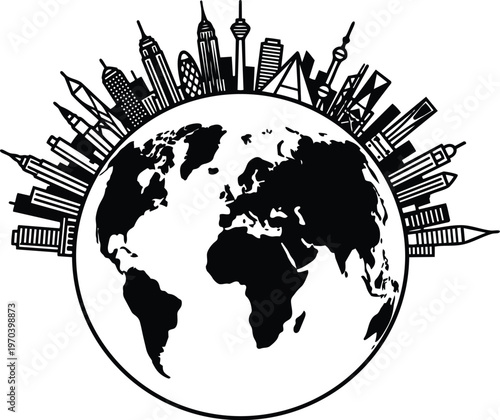 Black and white globe with city skyline silhouettes around the equator vector art