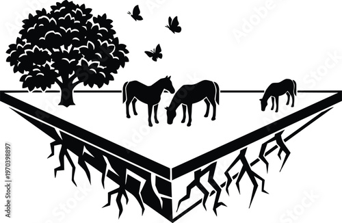 Floating triangular land with oak tree three grazing horses and butterflies in black and white vector