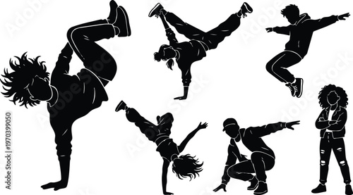 Black and white vector silhouettes of five breakdancers and one standing streetwear figure in dynamic poses