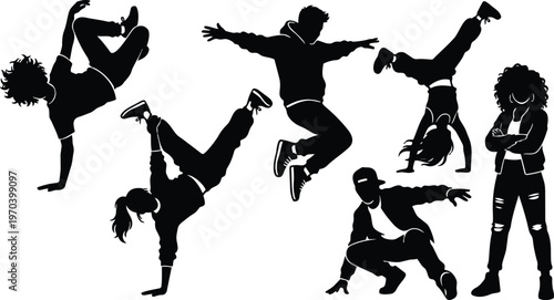 Black and white breakdance silhouettes showing five dynamic poses in vector art