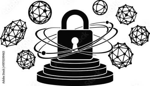 Padlock with orbital rings and network spheres on tiered pedestal black and white vector art