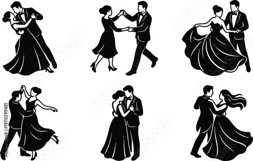 Black and white dancing couples vector art six ballroom silhouettes in varied dance poses