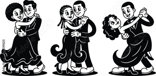 Three couples dancing vintage cartoon in ballroom waltz poses black and white vector art