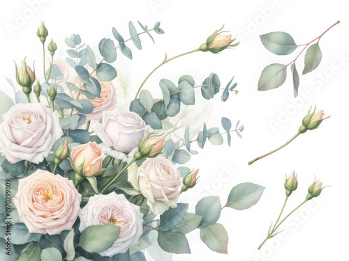 Delicate floral and leaf arrangement with soft pastel colors