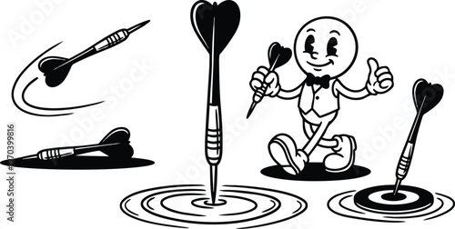 Retro line art smiling mascot holding dart walking past bullseye targets black and white