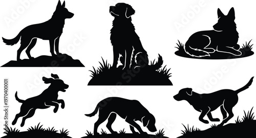 Black and white dog silhouettes in six poses with grass bases