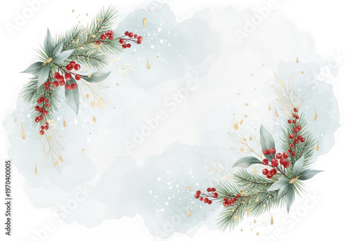 Delicate floral branches adorned with red berries and green leaves against a light backdrop