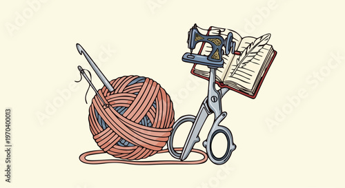 Creative Craft Concept with Sewing Machine Scissors and Ball of Yarn Illustration